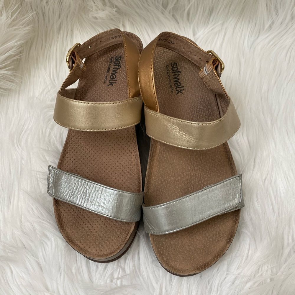 Softwalk silver gold metallic wedges sandals 7 1/2